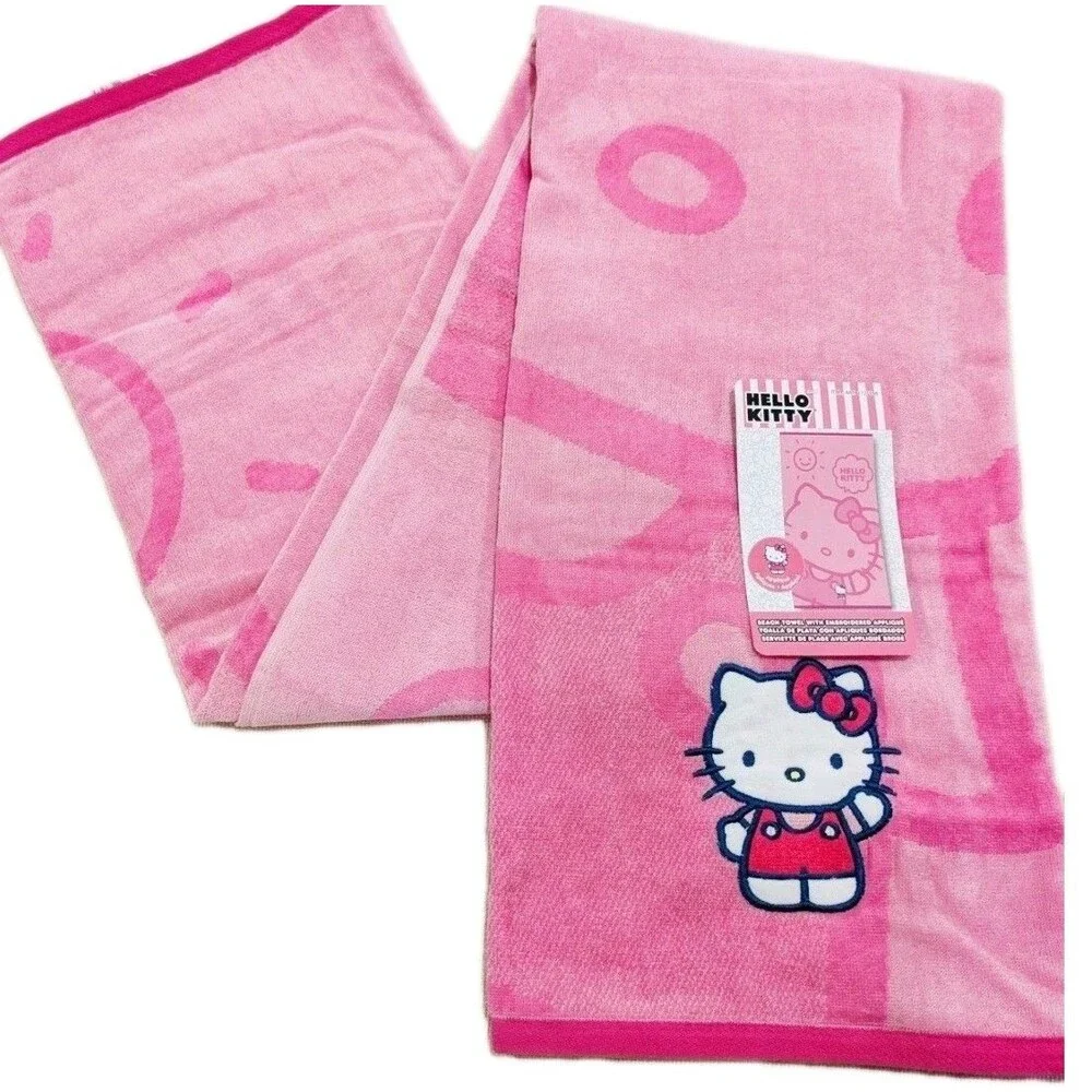 Hello Kitty Pink Embroidered Beach Towel 100% Cotton Sheared Velour 34x63 Sanrio
